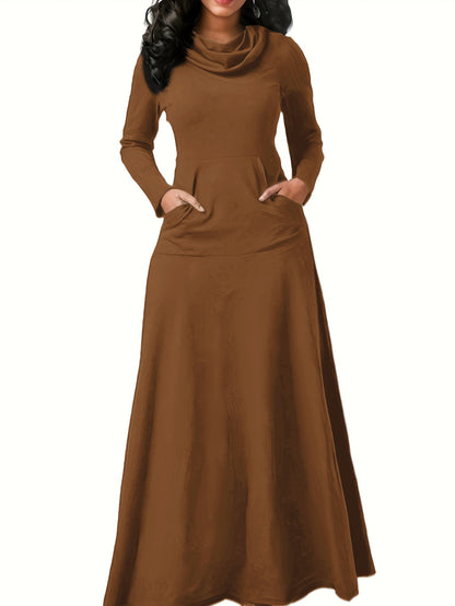 Sixsr Pile Collar Pocket Front Dress, Elegant Long Sleeve Maxi Dress, Women's Clothing