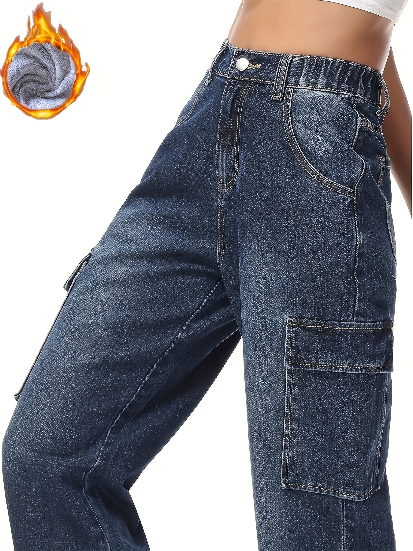 Sixsr Plush Lined Washed Straight Jeans, Flap Pockets Loose Fit Elastic Waist Cargo Pants, Women's Denim Jeans & Clothing