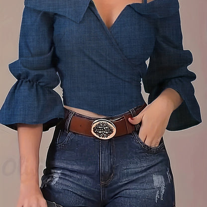 Sixsr  Solid Spaghetti Strap Blouse, Casual Bell Sleeve Surplice Neck Blouse, Women's Clothing