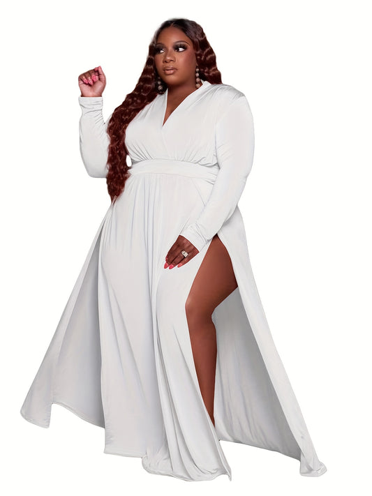 Sixsr Plus Size Sexy Dress, Women's Plus Solid Long Sleeve Surplice Neck High Split Slight Stretch Dress