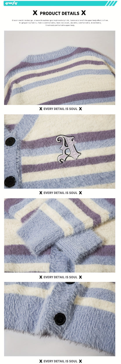 Sixsr Elegant Slightly Stretch Striped Cardigan Coat, Men's Casual Vintage Style V Neck Button Up Cardigan For Fall Winter