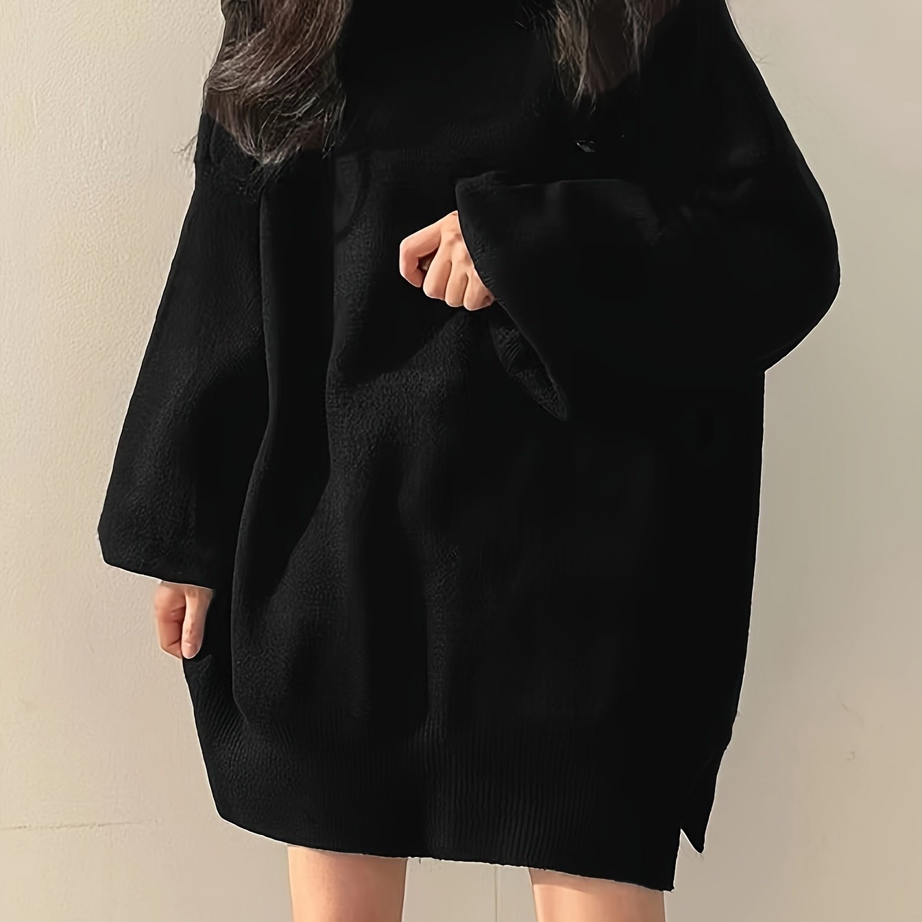 Sixsr Solid Turtle Neck Oversized Sweater, Casual Long Sleeve Split Sweater, Women's Clothing