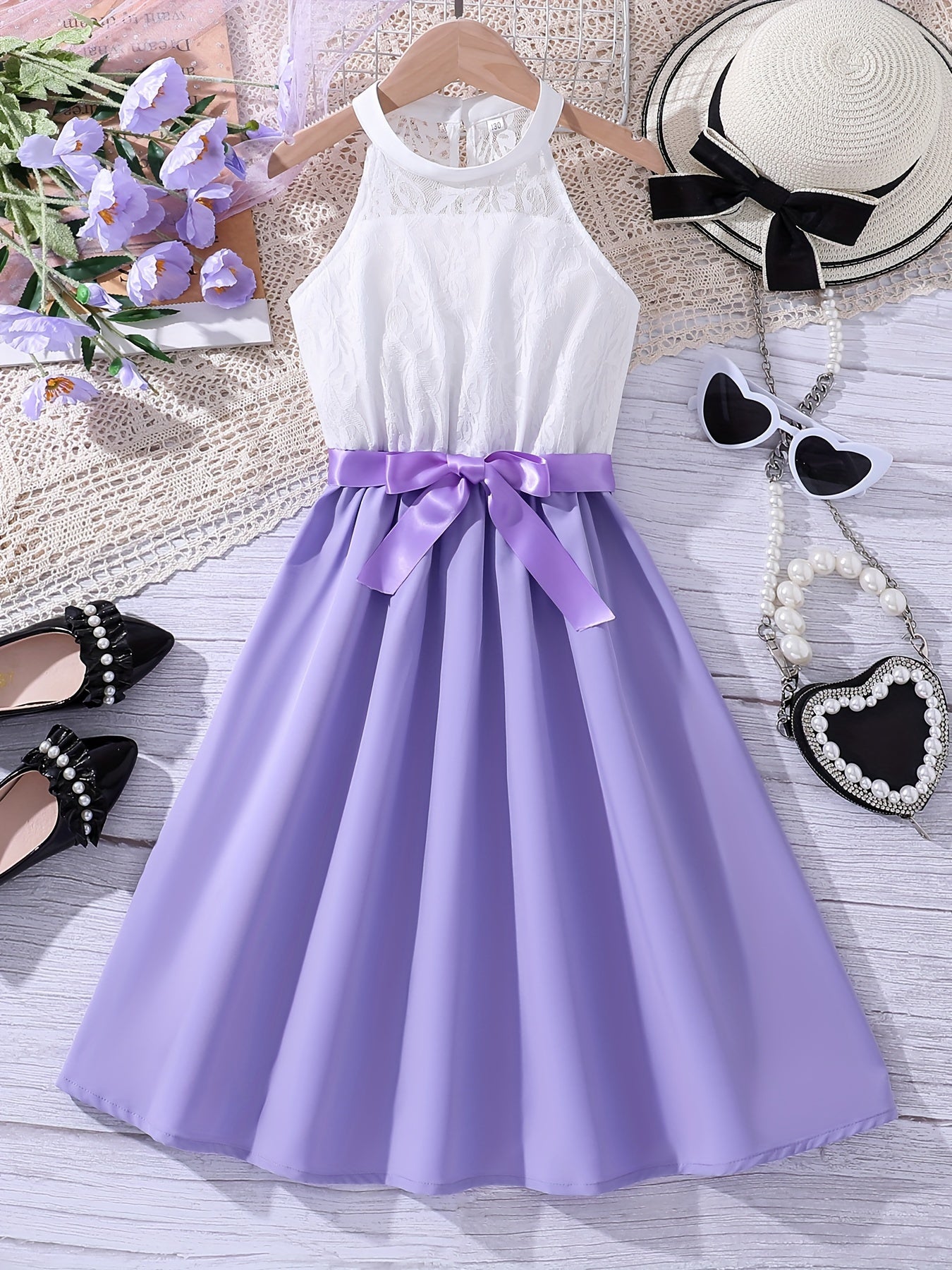 Elegant Girls Splicing Halter Neck Sleeveless Dress With Bow Belt Summer Party Gift