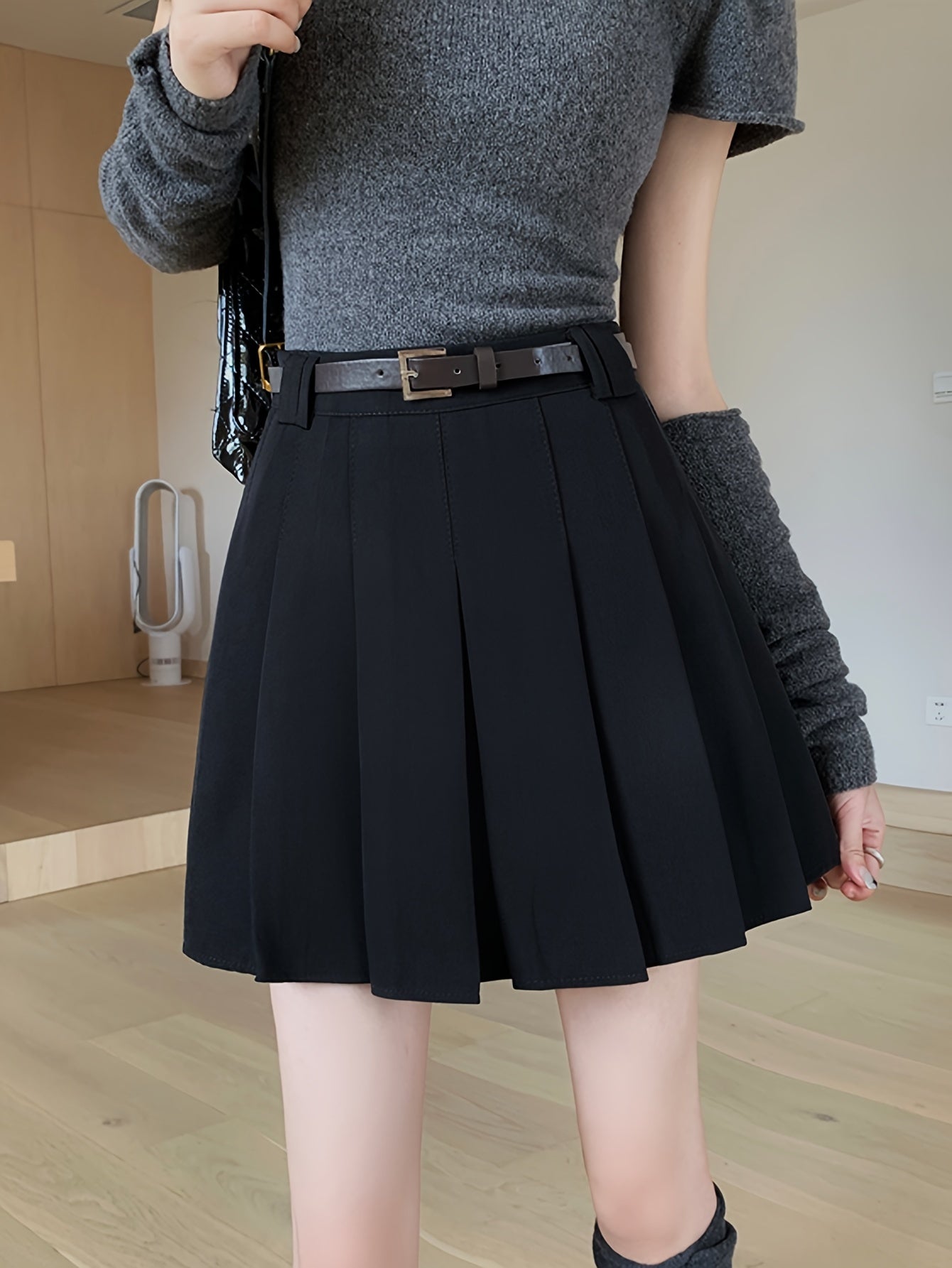 Sixsr Solid Pleated Aline Skirt, Preppy High Waist Skirt For Spring & Fall, Women's Clothing