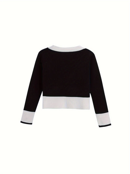 Sixsr Color Block Single Button Knit Cardigan, Casual V Neck Long Sleeve Crop Sweater, Women's Clothing
