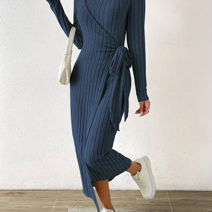 Sixsr Ribbed Asymmetrical Wrap Dress, Casual Long Sleeve Solid Bodycon Dress, Women's Clothing