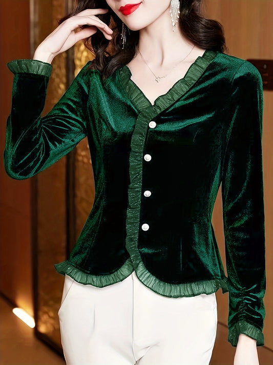 Sixsr Velvet Lace Contrast Trim Top, Button Front V Neck Long Sleeve T-shirt, Women's Clothing