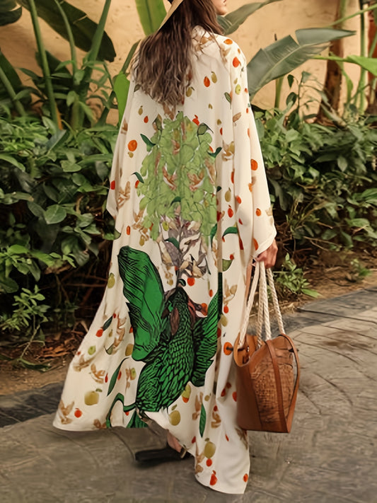 Plus Size Casual Cover Up, Women's Plus Graphic Print Long Sleeve Cover Up Robe