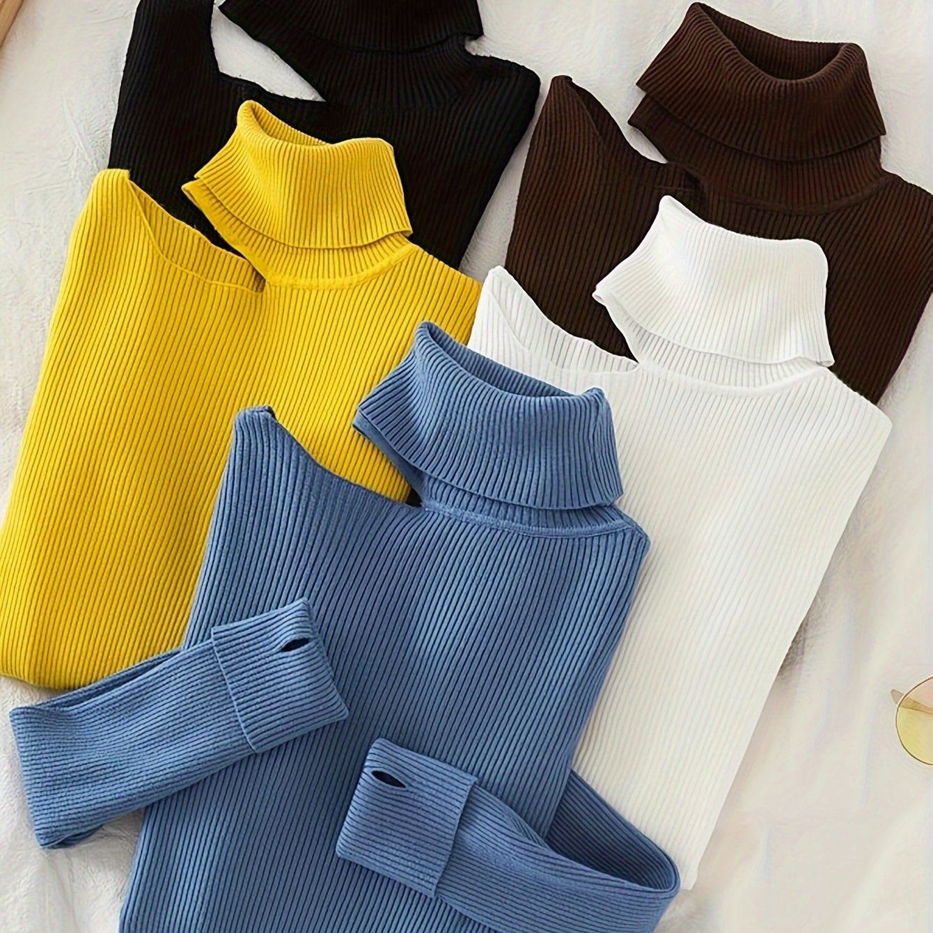 Sixsr Solid Turtle Neck Rib Knit Top 5 Pack, Elegant Cut Out Long Sleeve Slim Sweater, Women's Clothing