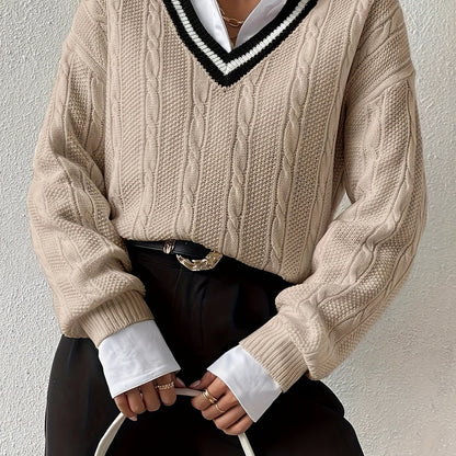 Sixsr V Neck Cable Knit Pullover Sweater, Casual Long Sleeve Drop Shoulder Sweater, Women's Clothing