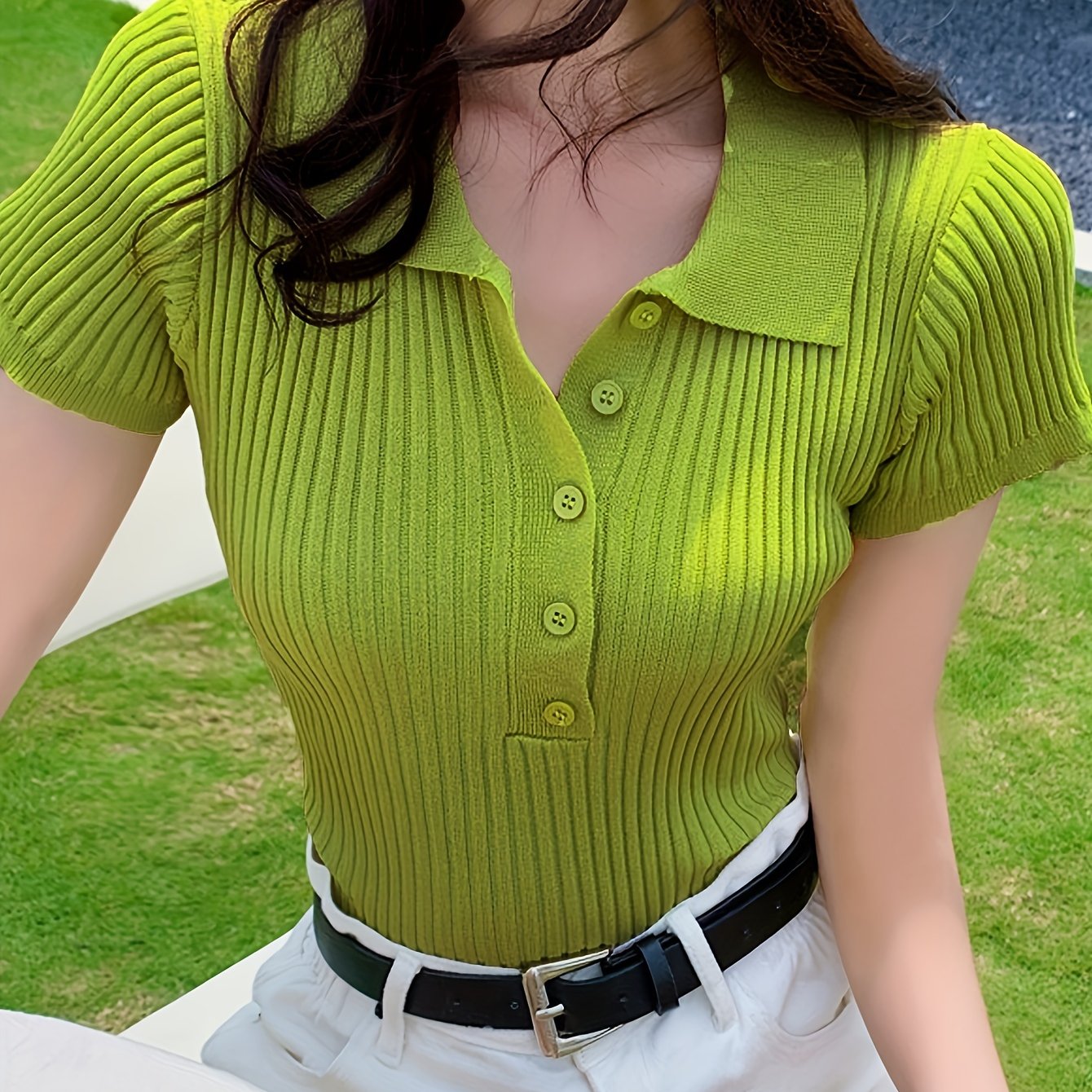 Sixsr Ribbed Polo Collar Button Front T-Shirt, Casual Short Sleeve Top For Spring & Summer, Women's Clothing