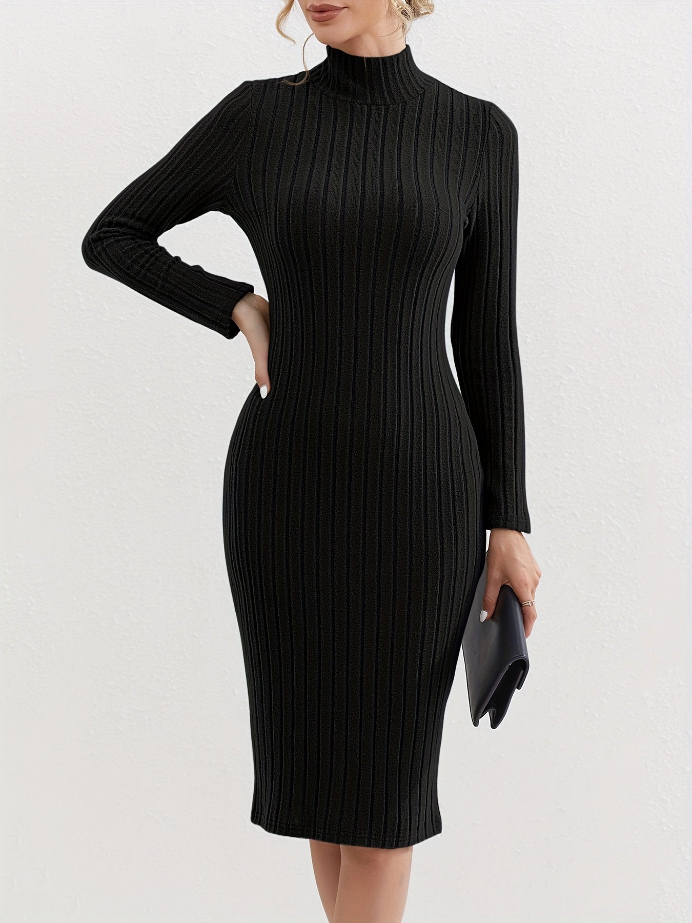 Sixsr Ribbed High Neck Dress, Elegant Solid Long Sleeve Bodycon Dress, Women's Clothing