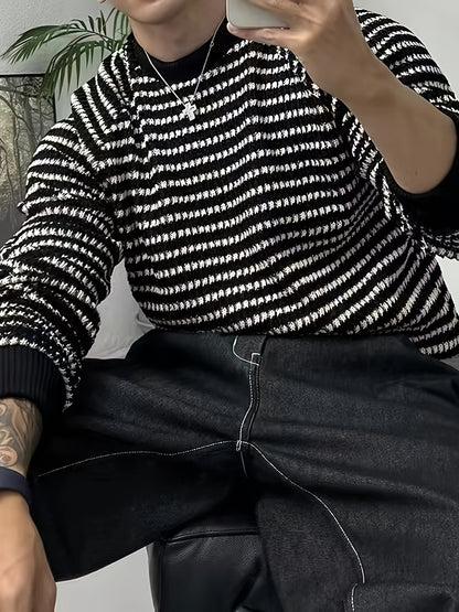 Sixsr Men's Stylish Stripe Pattern Knitted Pullover, Casual Breathable Long Sleeve Crew Neck Top For City Walk Street Hanging Outdoor Activities