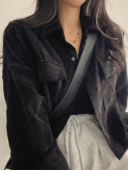 Sixsr Button Front Flap Pockets Jacket, Casual Long Sleeve Jacket For Fall & Winter, Women's Clothing