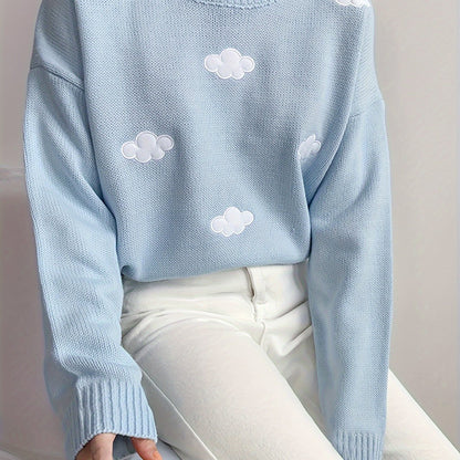 Sixsr Preppy Cloud Pattern Sweater, Long Sleeve Casual Cute Sweater For Winter & Fall, Women's Clothing