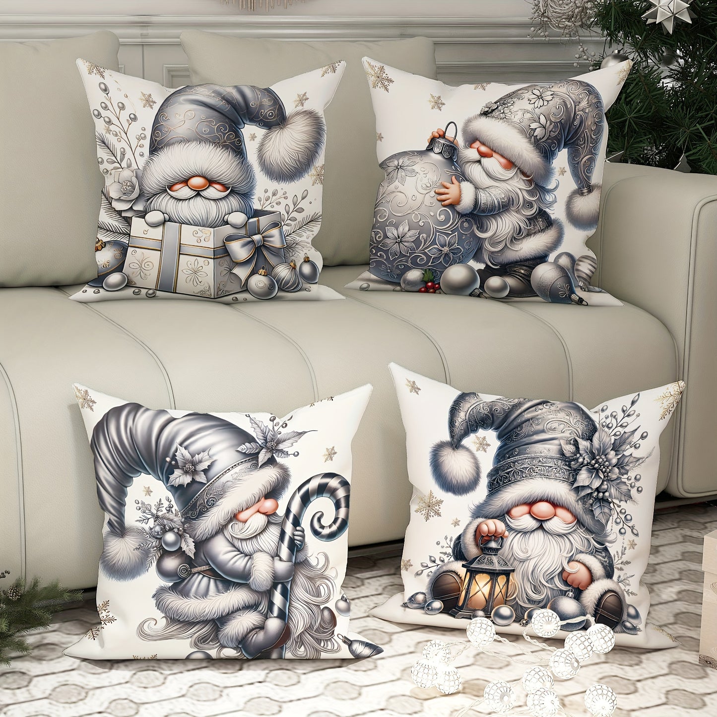 Set of 4 Christmas Gnome and Poinsettia Decorative Cushion Covers, 18x18 Inch, Contemporary Style Zippered Cases for Sofa and Living Room, Machine Washable, 100% Polyester, Woven Fabric Inserts Not Included