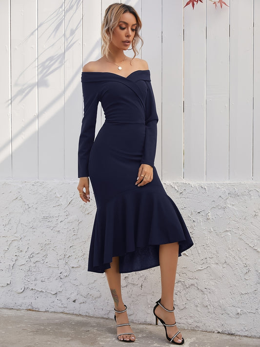 Sixsr Ruffle Hem Off Shoulder Dress, Elegant Long Sleeve Solid Dress, Women's Clothing