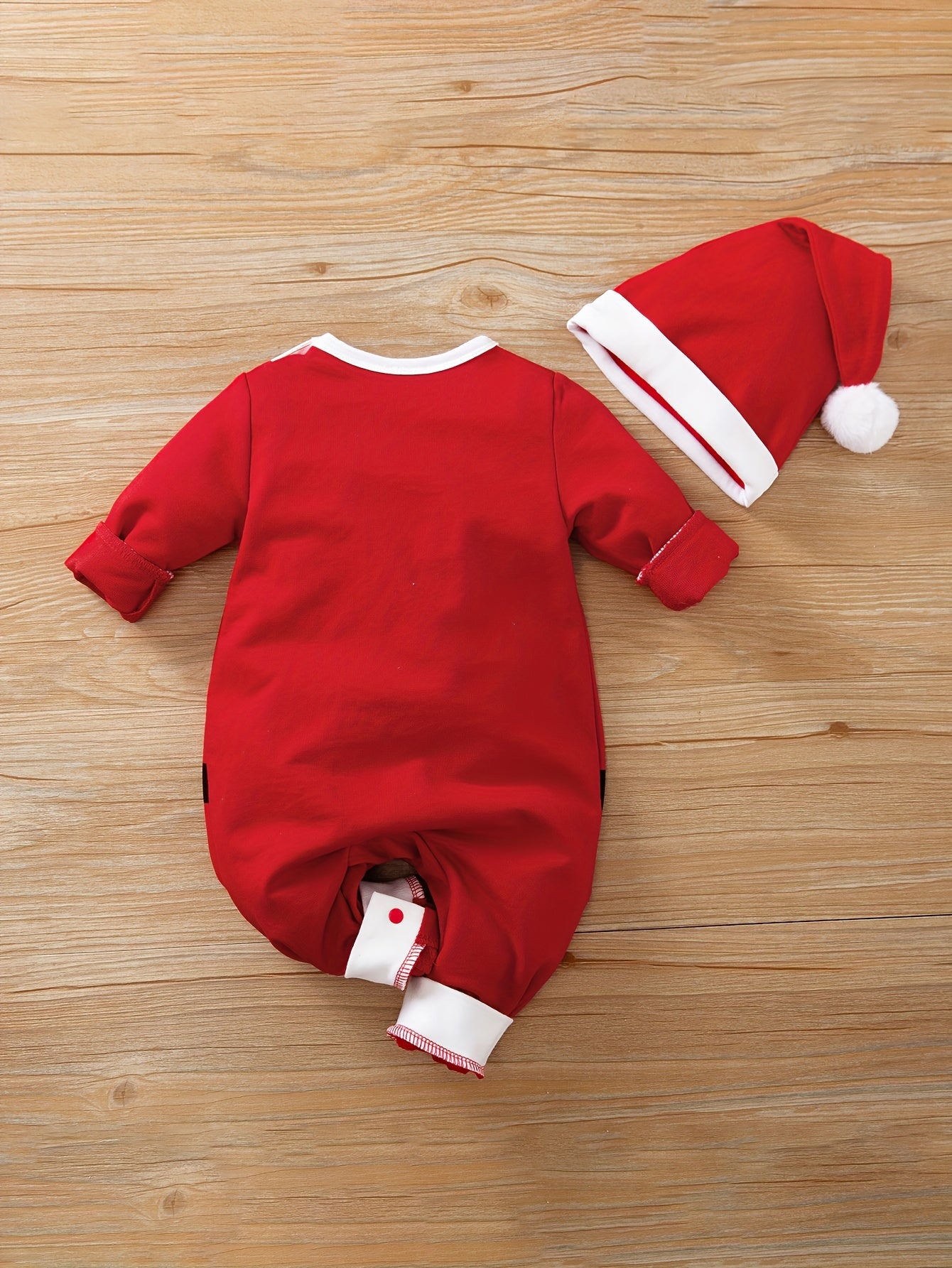 Christmas Santa Claus Themed Baby Romper Set with Matching Hat - 100% Cotton, Boho Style, Animal Pattern, Button Details, Regular Fit, Knitted Fabric, Suitable for Fall/Winter