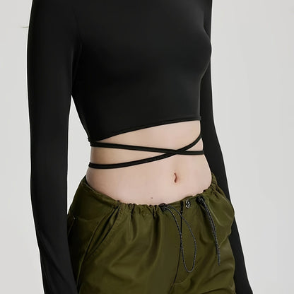 Sixsr  Solid Cross Strap Mock Neck Crop T-Shirt, Casual Long Sleeve Top For Spring & Fall, Women's Clothing