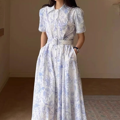 New Women Slim Fit High Waist Dress With Sashes Summer Printing Long Sleeve Button Dress Elegant Female Streetwear Casual Dress