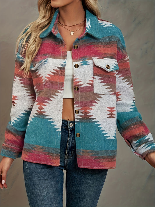 Sixsr Aztec Print Jacket, Casual Button Front Long Sleeve Outerwear, Women's Clothing