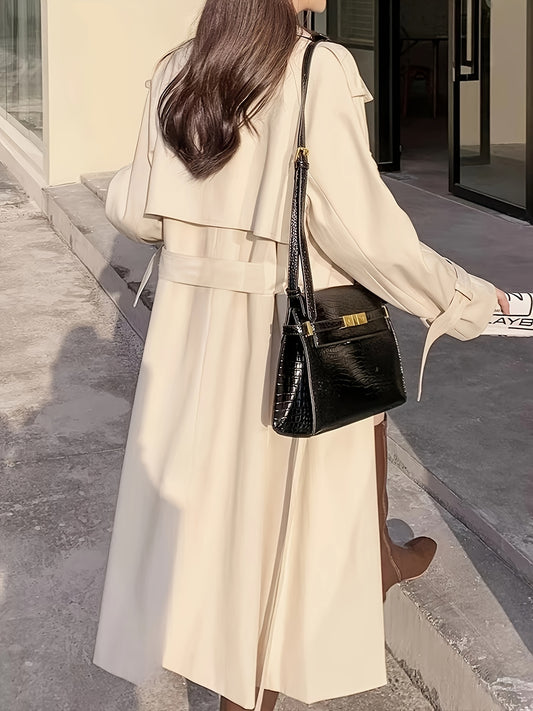 Sixsr Notched Collar Double-breasted Trench Coat, Casual Long Sleeve Midi Coat For Fall & Winter, Women's Clothing