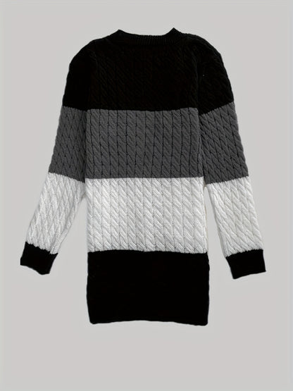 Color Block Open Front Cable Knit Cardigan, Casual Long Sleeve Mid Length Pocket Sweater, Women's Clothing