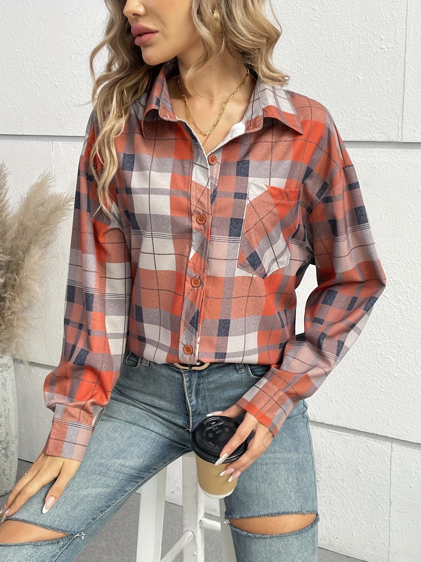 Sixsr Plaid Print Polo Collar Button Shirt, Casual Long Sleeve Shirt For Spring & Fall, Women's Clothing