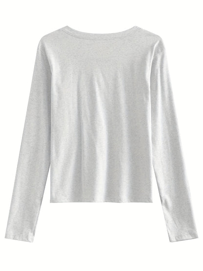 Sixsr Solid Color V Neck T-Shirt, Casual Long Sleeve T-Shirt For Spring & Fall, Women's Clothing