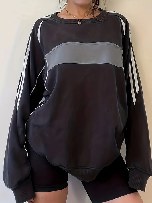 Sixsr Color Block Long Sleeve Crew Neck Sweatshirt, Loose Pullover Sports Top, Women's Clothing