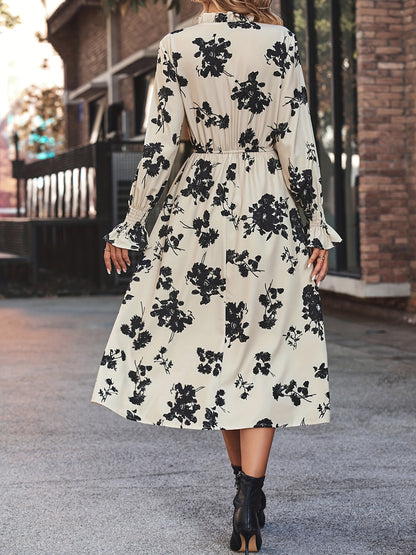 Floral Print Tie Front Dress, Elegant Cinched Waist Long Sleeve Dress, Women's Clothing