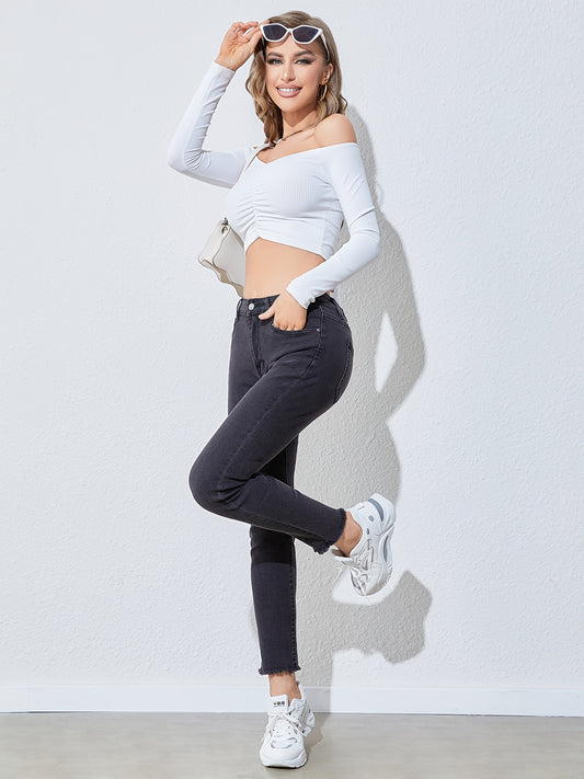 Sixsr High Rise High Stretchy Raw Hem Plain Design Zipper Button Closure Washed Grey Color Cropped Skinny Jeans, Women's Denim Jeans, Women's Clothing