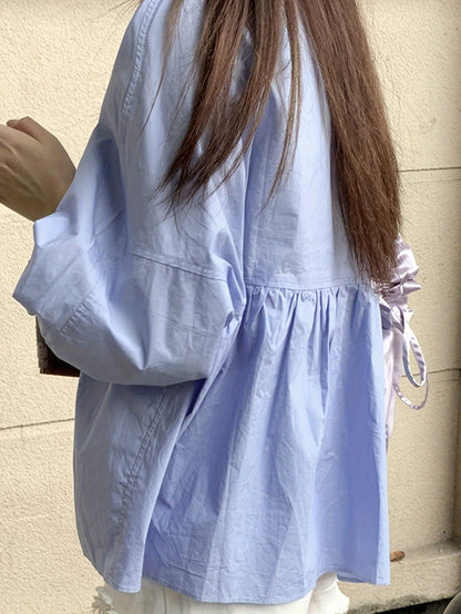 Sixsr Solid Crew Neck Smocked Blouse, Casual Long Sleeve Blouse For Spring & Fall, Women's Clothing