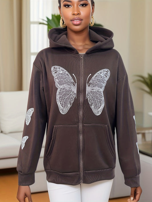 Sixsr Y2K Butterfly Print Sweatshirt, Long Sleeve Crew Neck Zip Up Hoodies Sweatshirts, Casual Tops For Fall & Winter, Women's Clothing