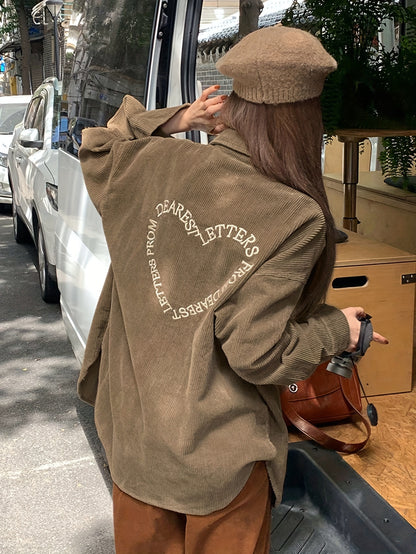 Sixsr Letter Embroidered Button Front Shirt, Casual Long Sleeve Corduroy Outwear For Spring & Fall, Women's Clothing