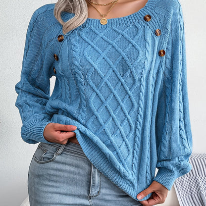 Cozy Women's Sweater with Textured Button Lantern Sleeves