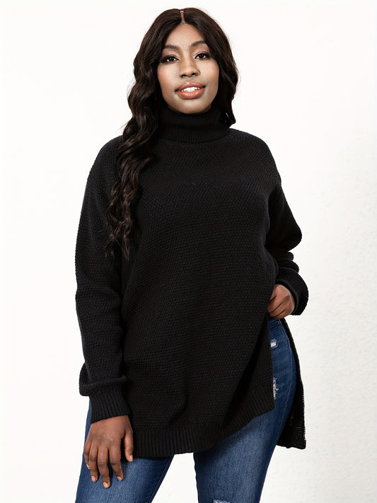 Sixsr Plus Size Turtle Neck Knit Side Slit Sweater, Women's Plus Solid High Stretch Elegant Sweater