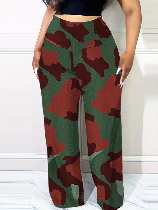 Sixsr Plus Size Casual Pants, Women's Plus Camo Print High Waisted Tummy Control Loose Trousers