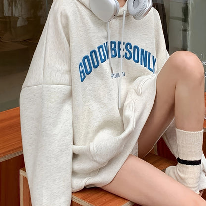 Sixsr Letter Embroidered Loose Hoodie, Casual Drawstring Kangaroo Pocket Hoodies Sweatshirt, Women's Clothing