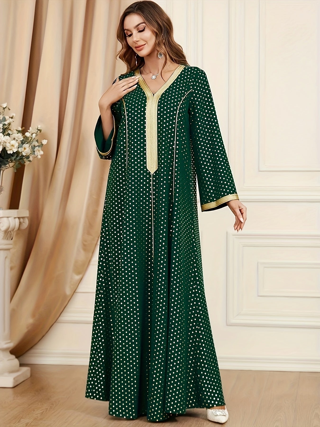 Sixsr Pin Dot Maxi Kaftan Dress, Elegant V Neck Long Sleeve Dress, Women's Clothing