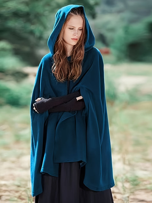 Sixsr Plus Size Elegant Coat, Women's Plus Solid Split Cape Sleeve Button Detail Hooded Shawl Coat