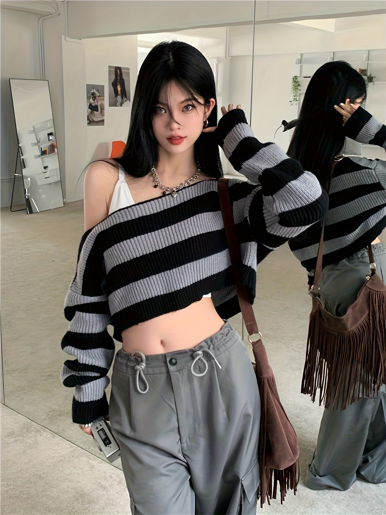 Sixsr Striped Off Shoulder Knitted Top, Casual Long Sleeve Crop Sweater For Spring & Fall, Women's Clothing