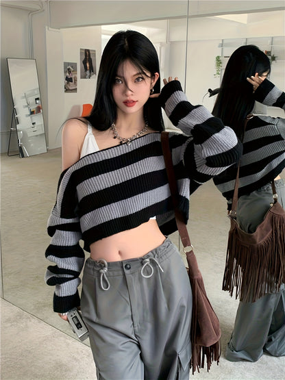 Sixsr Striped Off Shoulder Knitted Top, Casual Long Sleeve Crop Sweater For Spring & Fall, Women's Clothing