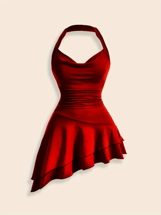 Sixsr  Solid Asymmetric Ruffle Hem Halter Top, Elegant Ruched Backless Top, Women's Clothing