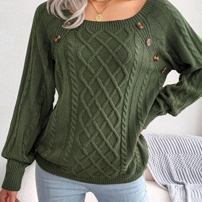 Cozy Women's Sweater with Textured Button Lantern Sleeves