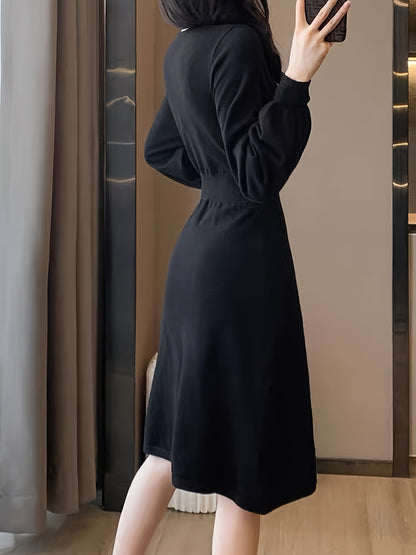 Sixsr Solid Double Breasted V-neck Dress, Elegant Long Sleeve Dress For Spring & Fall, Women's Clothing