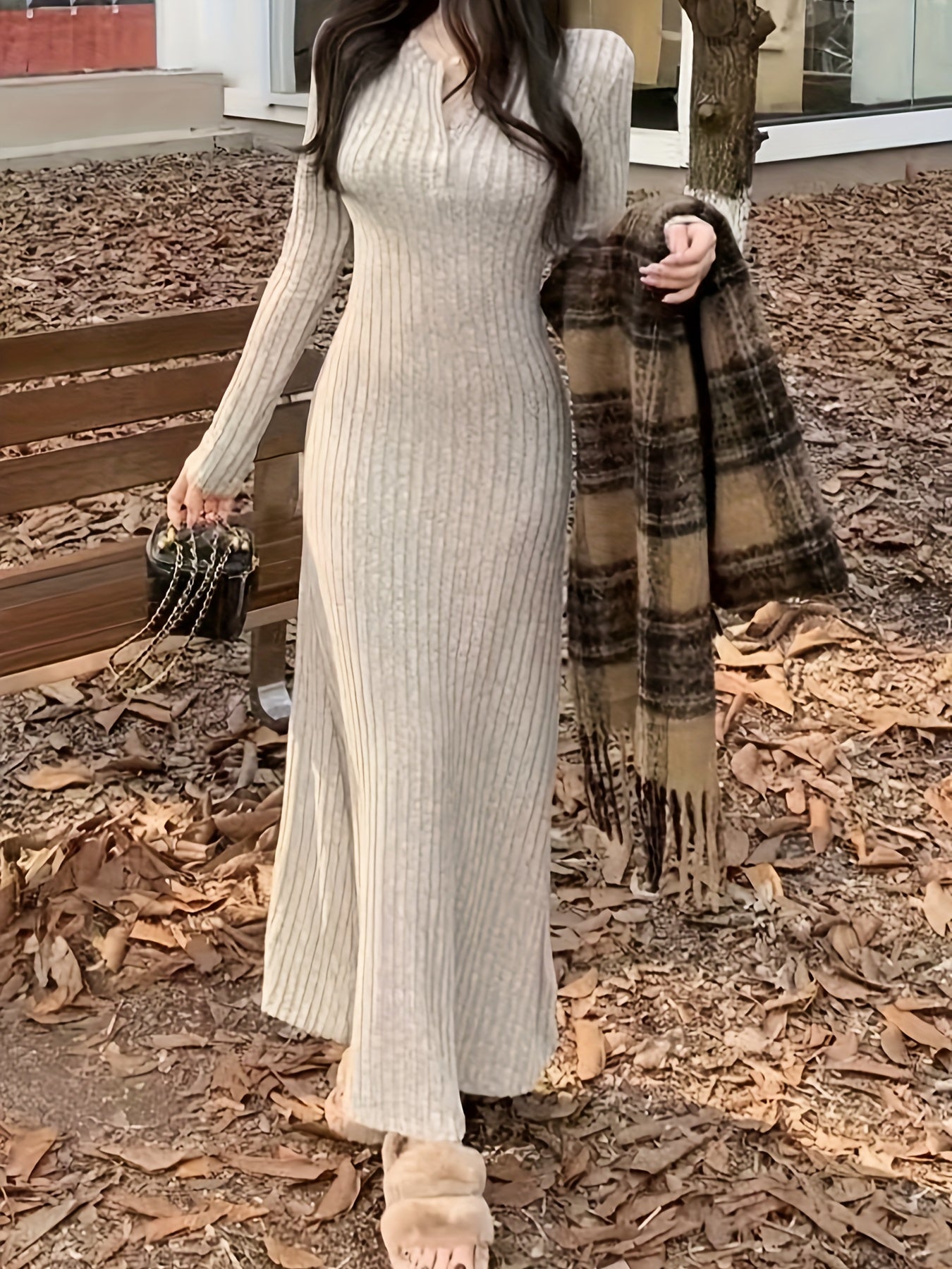 Sixsr Ribbed V Neck Dress, Casual Long Sleeve Dress For Fall & Winter, Women's Clothing