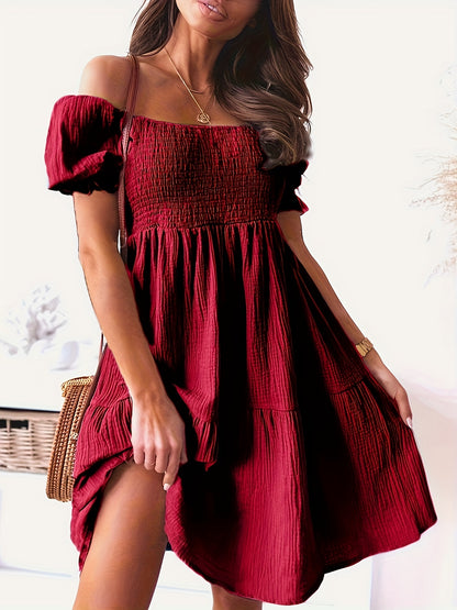 Off Shoulder Smocked Dress, Loose Vacation Casual Dress For Summer & Spring, Women's Clothing