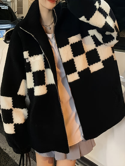 Sixsr Women's Checkered Print Oversized Plush Coat, Casual Winter Jacket For Outdoors, Women's Clothing