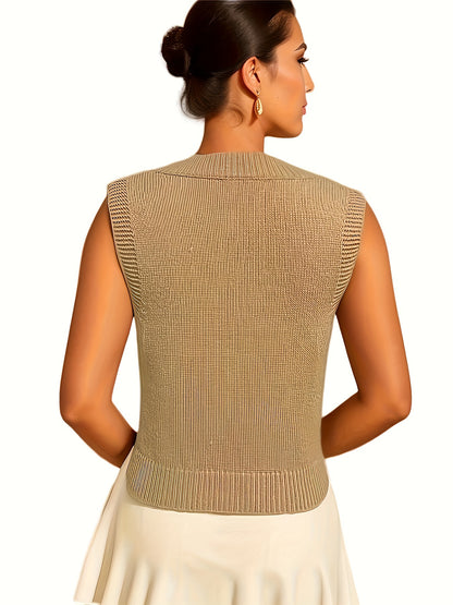 Sixsr Solid V Neck Sweater Vest, Elegant Sleeveless Sweater For Spring & Fall, Women's Clothing